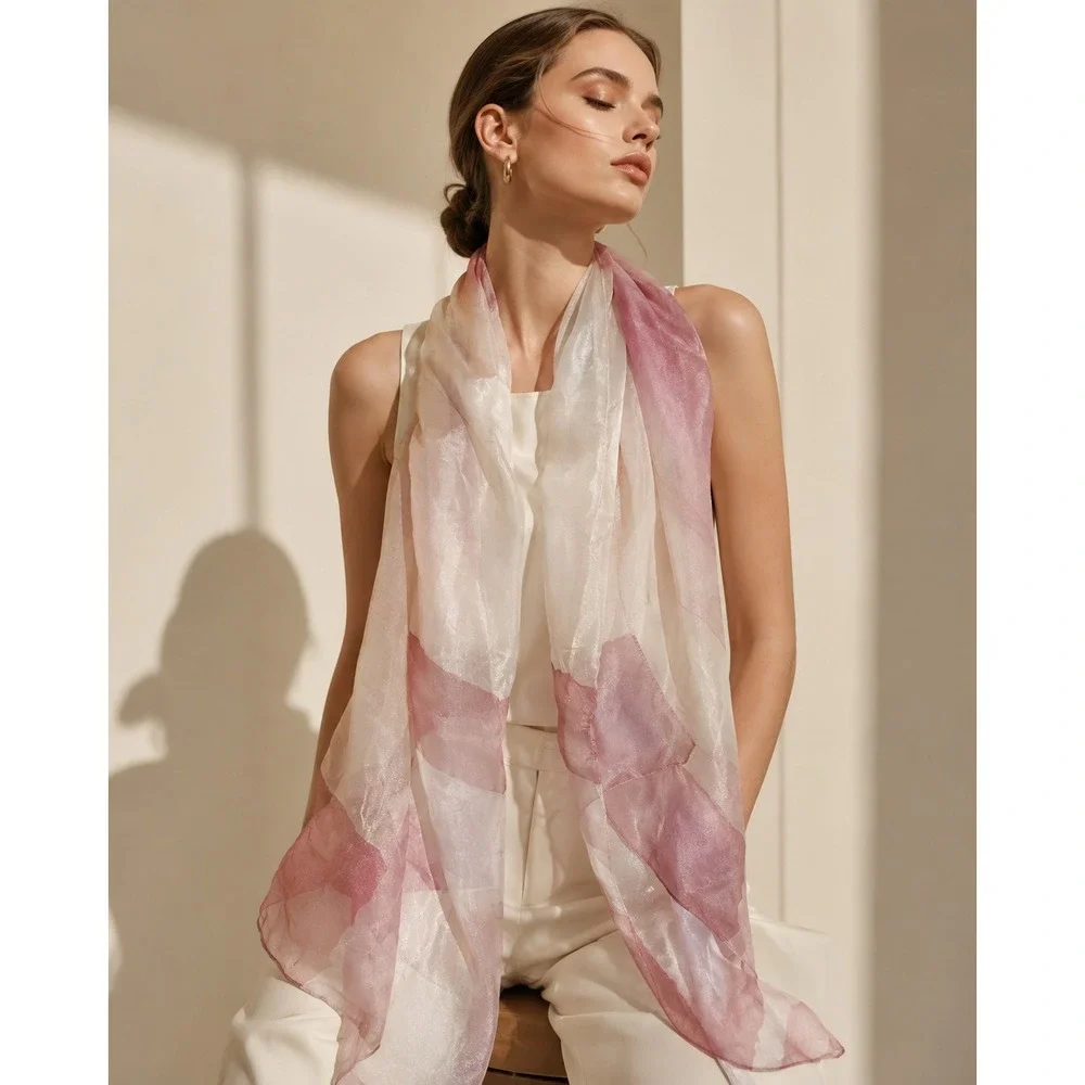 Nordstrom Silk Blend Scarf Made in Italy Mauve Pink Abstract Sheer Shimmer Wrap